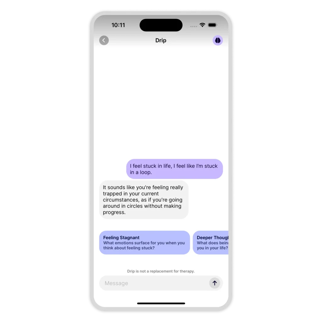 Drip mental health app featuring an AI chatbot and emotional analysis